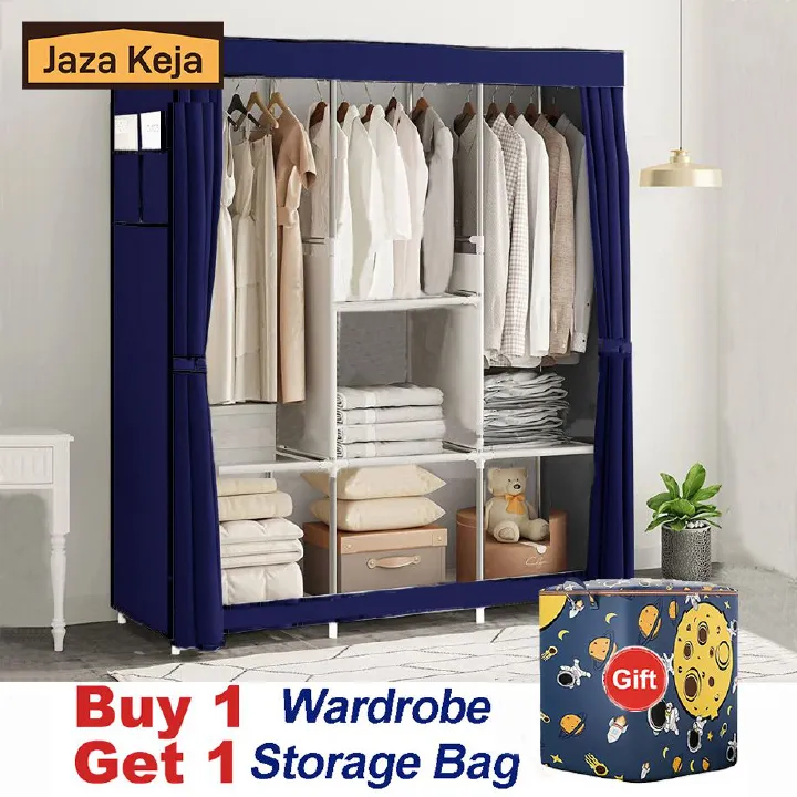 [Gift] Jaza Keja 105cm Portable 3 Columns Wardrobe Closet Clothes Metallic Organizer Non-Woven Fabric Cover with 6 Storage Shelves 2 Hanging Sections