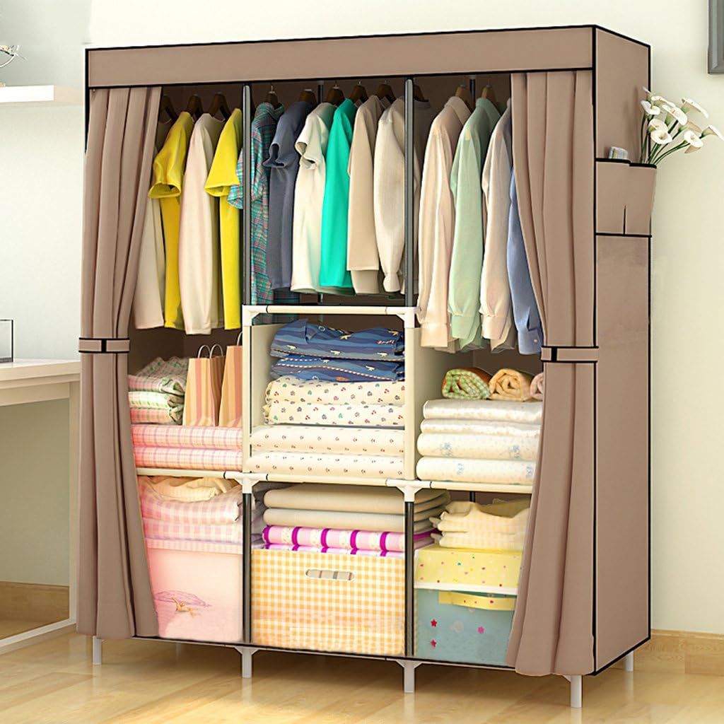 [Gift] Jaza Keja 105cm Portable 3 Columns Wardrobe Closet Clothes Metallic Organizer Non-Woven Fabric Cover with 6 Storage Shelves 2 Hanging Sections