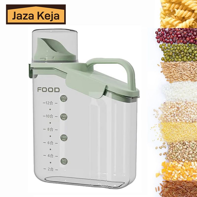 Jaza Keja 2L Food Container Large Grain Sealed Container Storage with Lid Measuring Cylinder Pouring Port Household Cereal Dispenser Bucket for Kitchen Soybean Corn