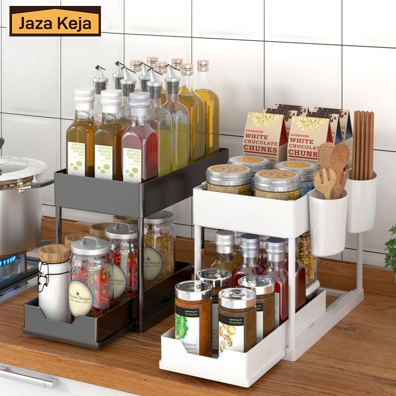 Jaza Keja Double Sliding Under Sink Organizers Pull-out 2 Tier Bathroom Storage Organization Shelves for Kitchen Storage