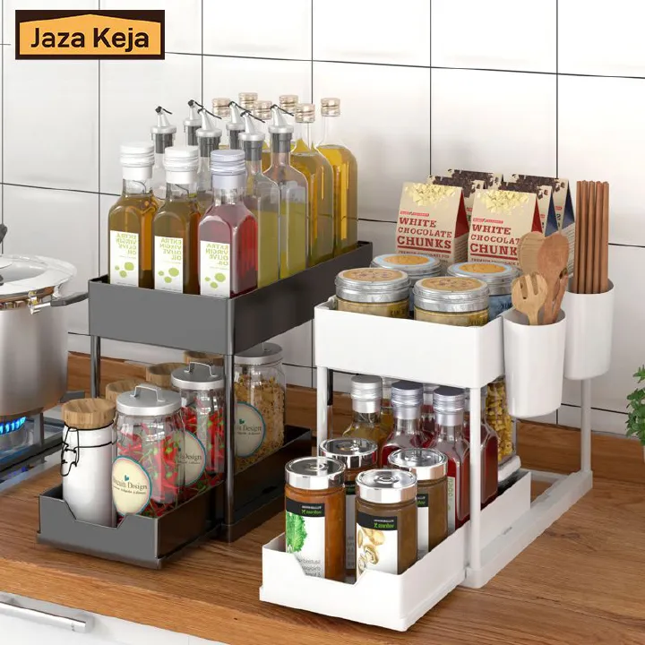Jaza Keja Double Sliding Under Sink Organizers Pull-out 2 Tier Bathroom Storage Organization Shelves for Kitchen Storage