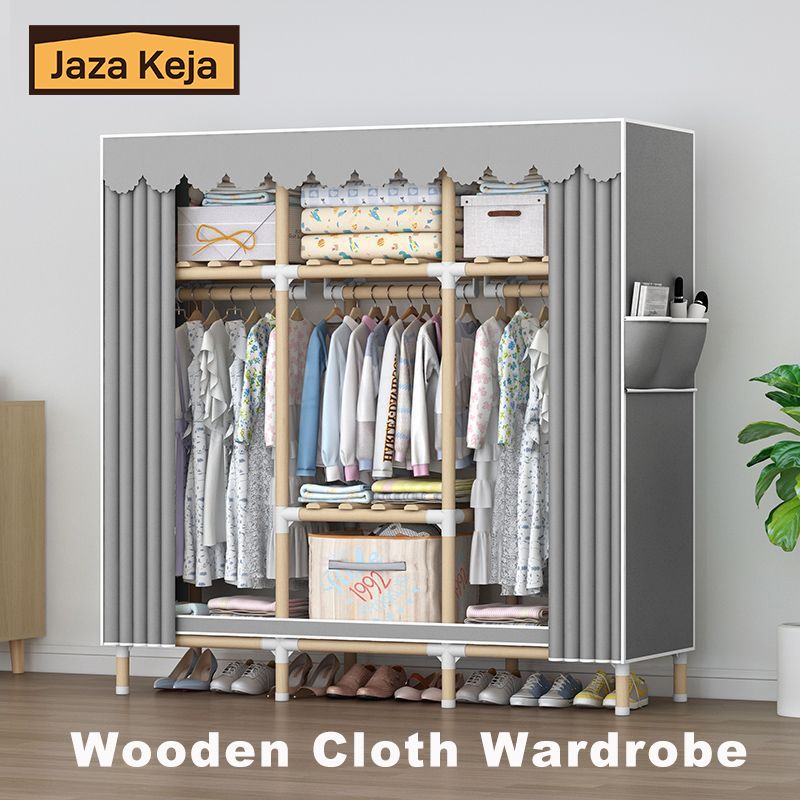 Jaza Keja 125cm Wide Portable Wooden Wardrobe Oxford Cloth Large Storage Cabinets Closet Gray Wardrobe Clothes Storage Organizer for Extra Sturdy