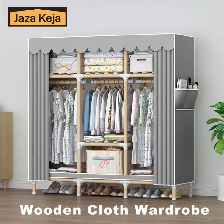 Jaza Keja 125cm Wide Portable Wooden Wardrobe Oxford Cloth Large Storage Cabinets Closet Gray Wardrobe Clothes Storage Organizer for Extra Sturdy