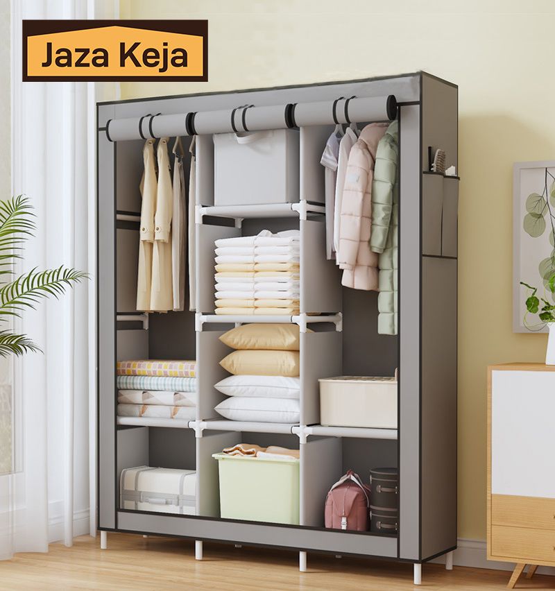 Jaza Keja 105cm Wide 3 Columns metalic Clothes Storage Portable Wardrobe Dustproof Cover Closet Durable Clothes Rack Organizer