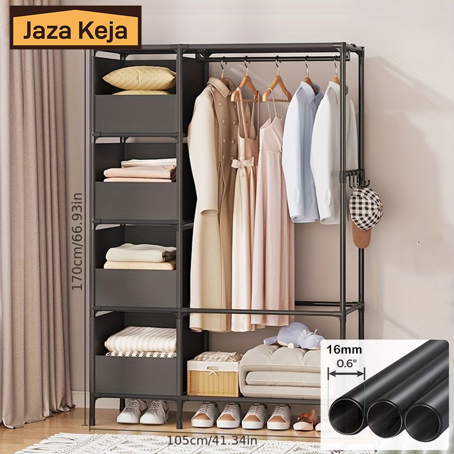 Jaza Keja DIY 2 Columns Metallic Portable Wardrobe (NO Curtains) Household Hanging Clothes closet Racks Bedroom Storage Wardrobe Simple Dormitories Room Clothes Storage