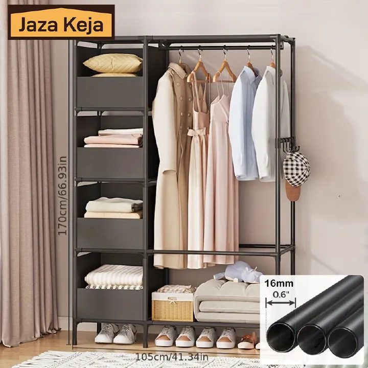 Jaza Keja DIY 2 Columns Metallic Portable Wardrobe (NO Curtains) Household Hanging Clothes closet Racks Bedroom Storage Wardrobe Simple Dormitories Room Clothes Storage