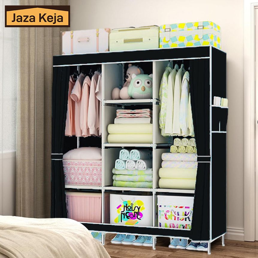 Jaza Keja 3 Columns 130cm Assemble Closets Portable Metallic Portable Cloth Wardrobe with T-shaped Zipper & Velcro