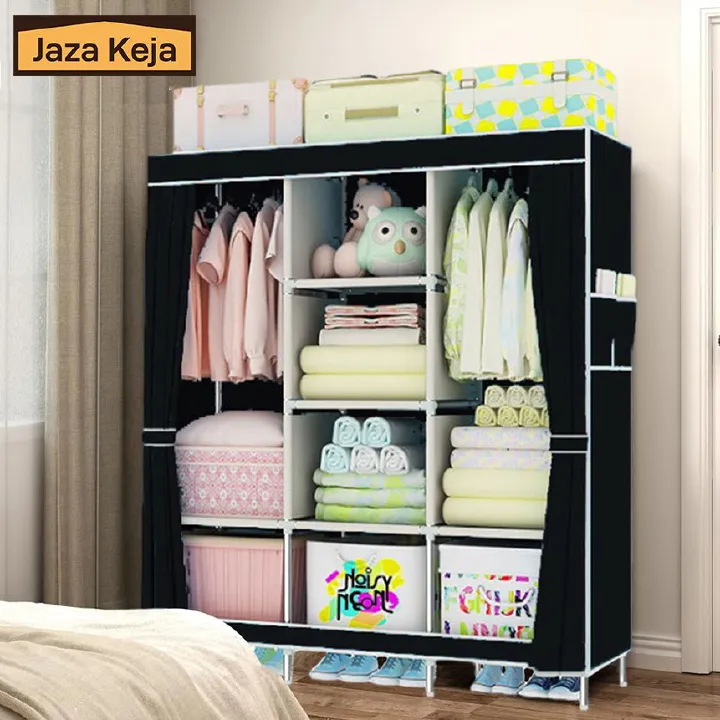Jaza Keja 3 Columns 130cm Assemble Closets Portable Metallic Portable Cloth Wardrobe with T-shaped Zipper & Velcro