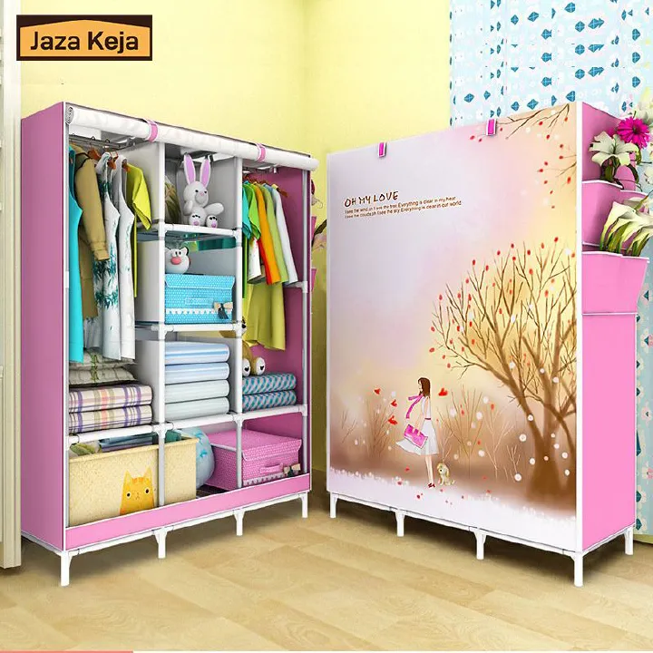 Jaza Keja Portable 3 Columns Metallic Wardrobe Closet Clothes Organizer Cartoon Cover with 6 Storage Shelves 2 Hanging Sections