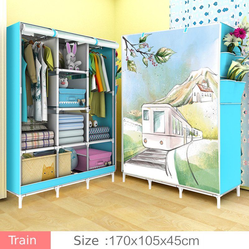 Jaza Keja Portable 3 Columns Metallic Wardrobe Closet Clothes Organizer Cartoon Cover with 6 Storage Shelves 2 Hanging Sections