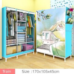 [Sale]Jaza Keja Portable 3 Columns Metallic Wardrobe Closet Clothes Organizer Cartoon Cover with 6 Storage Shelves 2 Hanging Sections Pink Love Gift