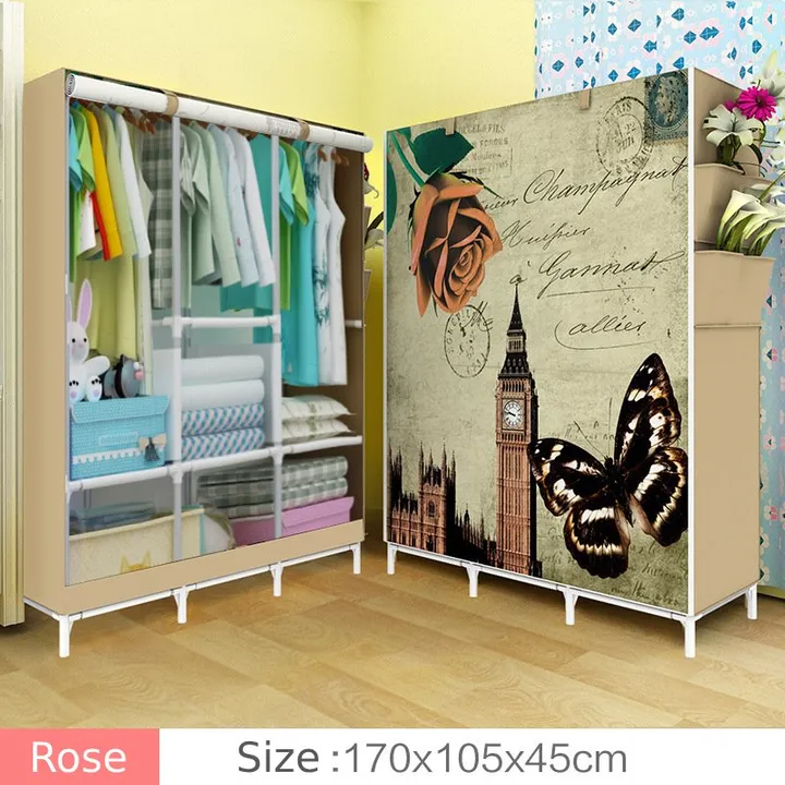 Jaza Keja Portable 3 Columns Metallic Wardrobe Closet Clothes Organizer Cartoon Cover with 6 Storage Shelves 2 Hanging Sections