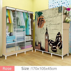 [Sale]Jaza Keja Portable 3 Columns Metallic Wardrobe Closet Clothes Organizer Cartoon Cover with 6 Storage Shelves 2 Hanging Sections Pink Love Gift
