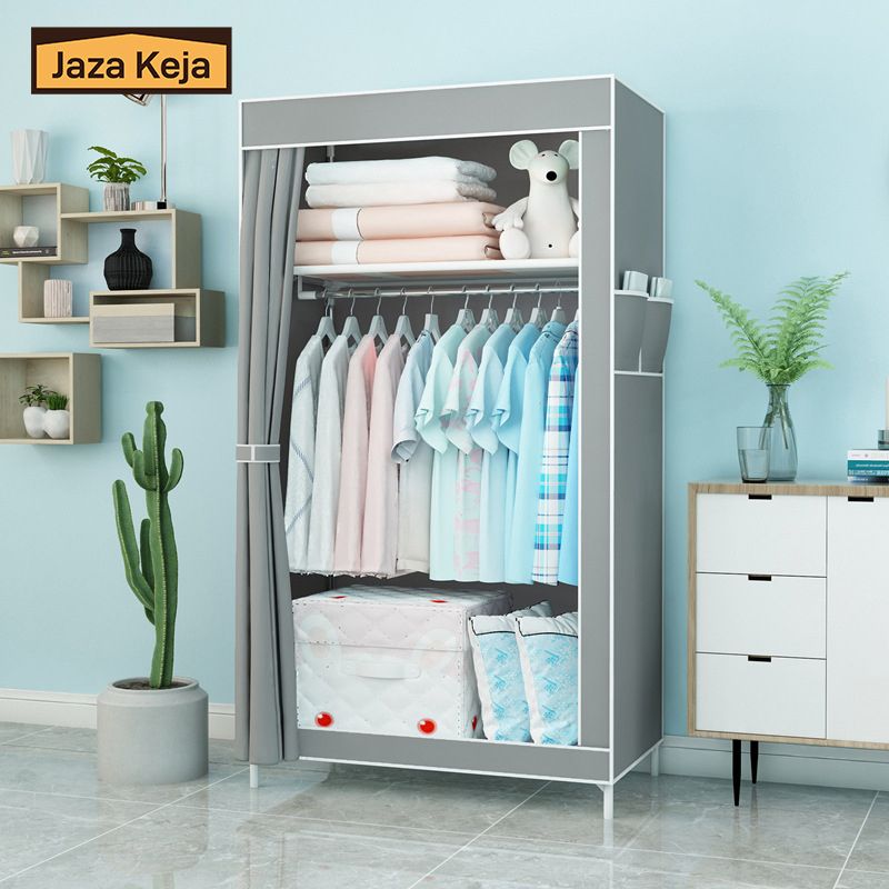 Jaza Keja Portable Single Column Metallic Wardrobe Closet Clothes Metallic Organizer Non-Woven Fabric Cover with 3 Storage Shelves 2 Hanging Sections