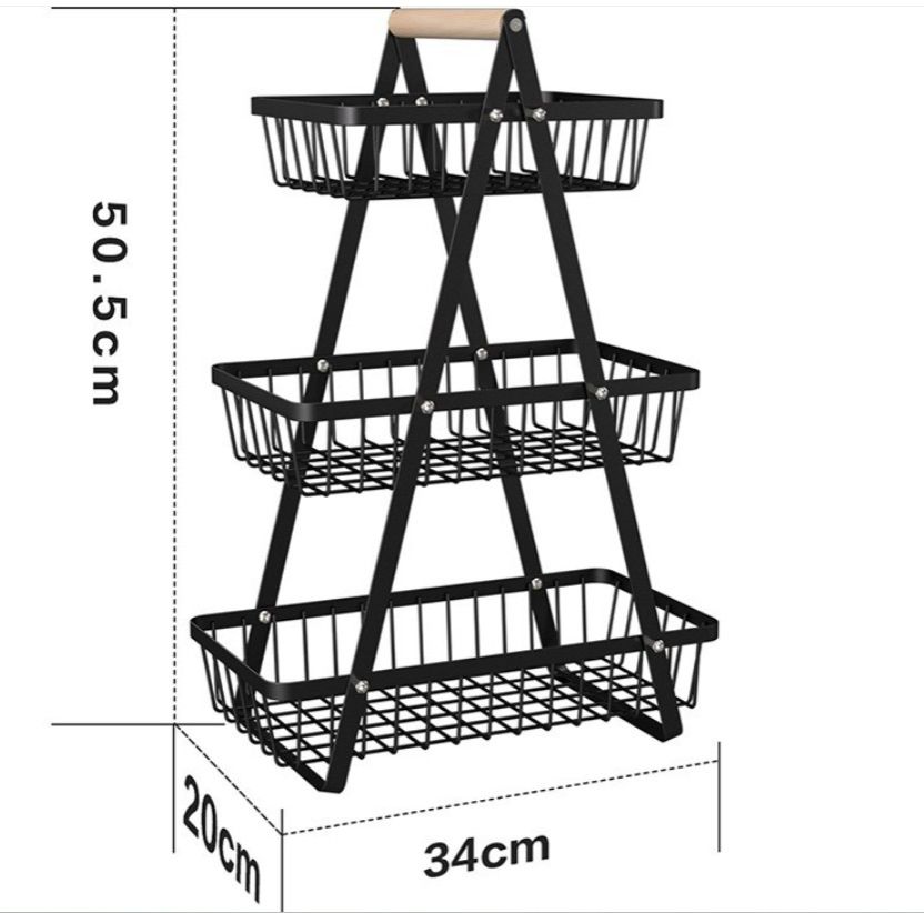 Jaza Keja 2 3 Tier Metal Storage Fruit Vegetable Basket with Wooden Handles Snack Organizer Bin for Office Countertop Rustic Black Basket Home Kitchen Pantry Coffee Pasta Bathroom Living Room