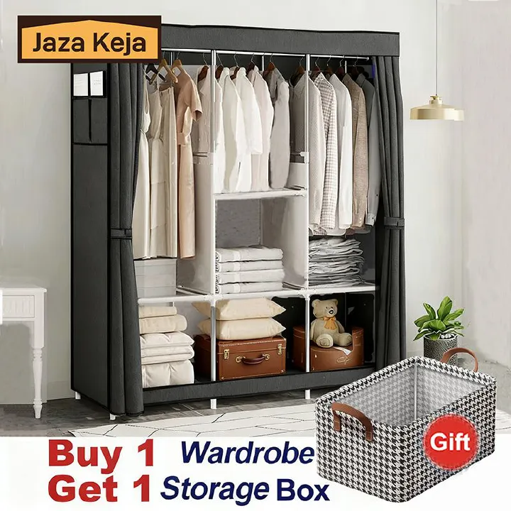 [Gift] Jaza Keja 105cm Portable 3 Columns Wardrobe Closet Clothes Metallic Organizer Non-Woven Fabric Cover with 6 Storage Shelves 2 Hanging Sections