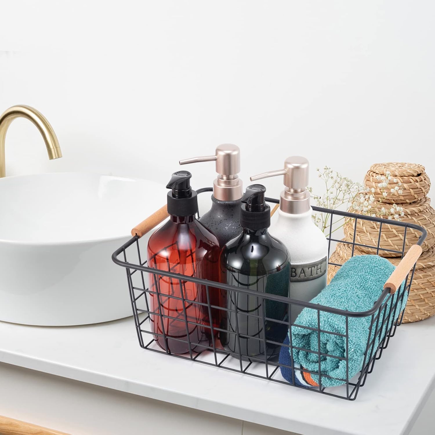 [Buy More Save More]New Jaza Keja Wire Baskets Farmhouse Decor Metal Storage Organizer Wooden Handles for Storage Pantry Baskets Household Snack Basket for Cabinets Closets Bedrooms