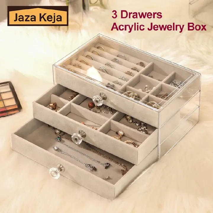 [New]Jaza Keja Acrylic Jewelry Box High-grade Exquisite Anti-oxidation 3 Drawers Desktop Bracelet Ring Jewelry Storage Box Velvet Trays