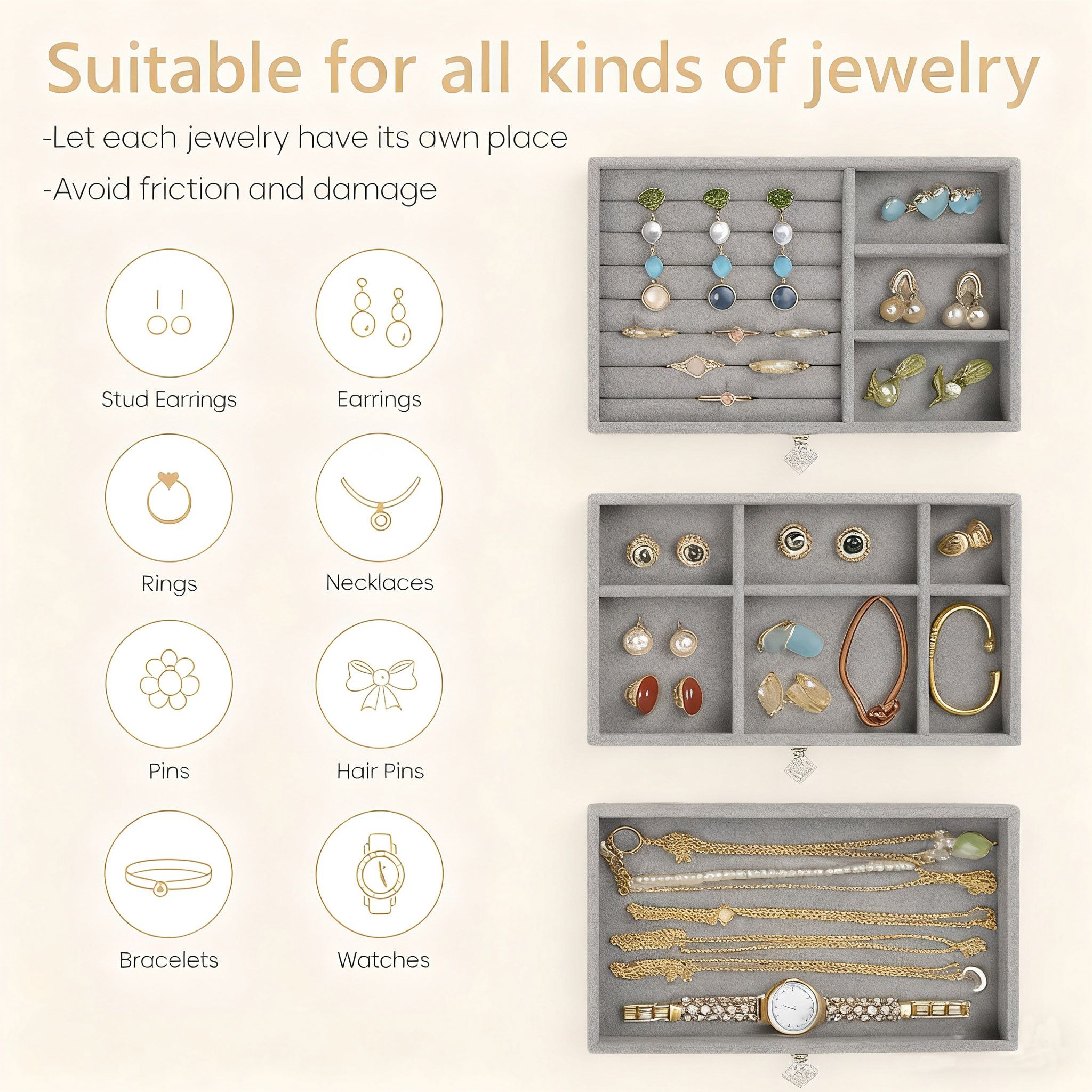 [New]Jaza Keja Acrylic Jewelry Box High-grade Exquisite Anti-oxidation 3 Drawers Desktop Bracelet Ring Jewelry Storage Box Velvet Trays