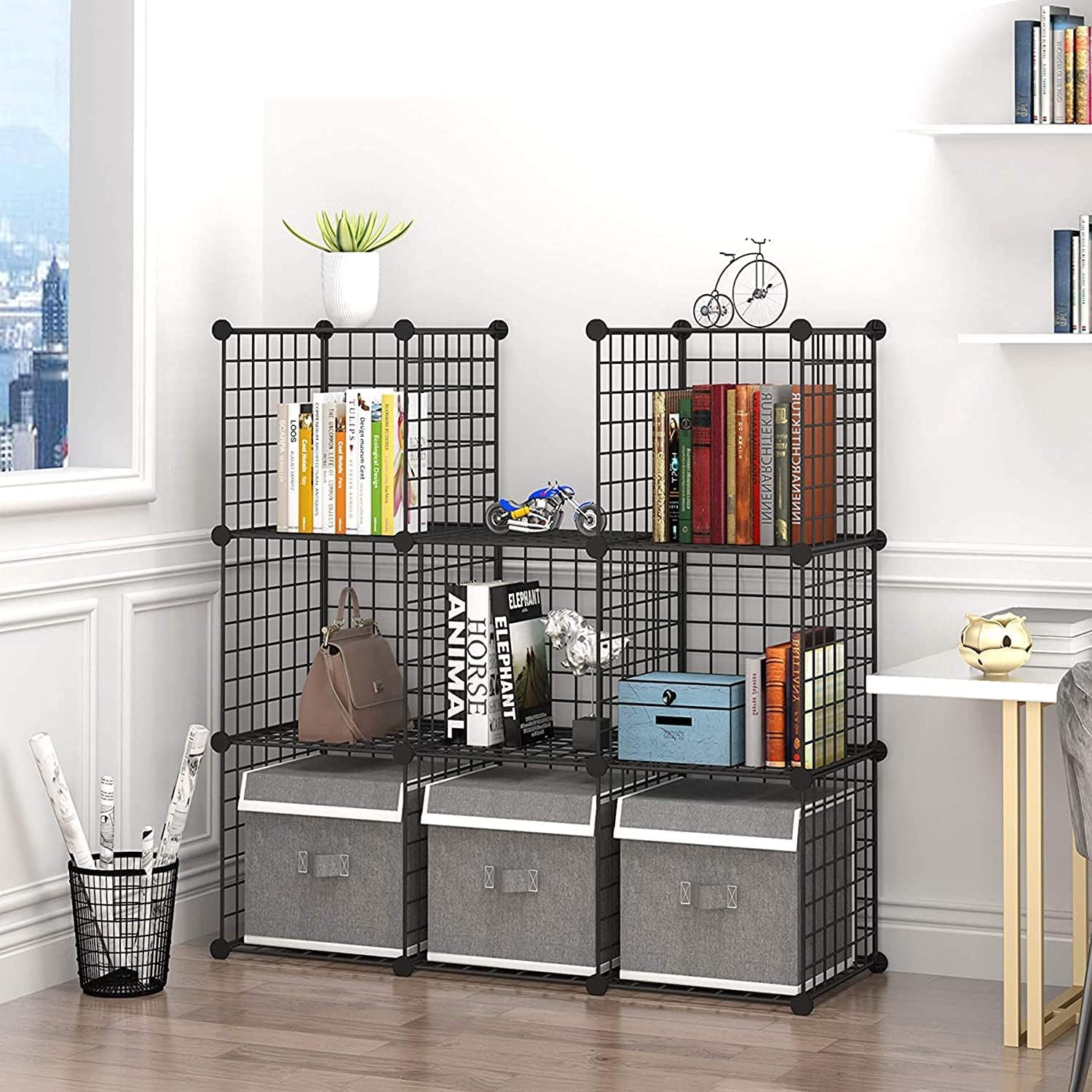 Jaza Keja 6 Cube Metalic Closet Organizers Portable Wardrobe Storage Wire Metal Grids Bookshelf Stackable Modular Shelves Storage Organizer Bins for Home,Office,Kids