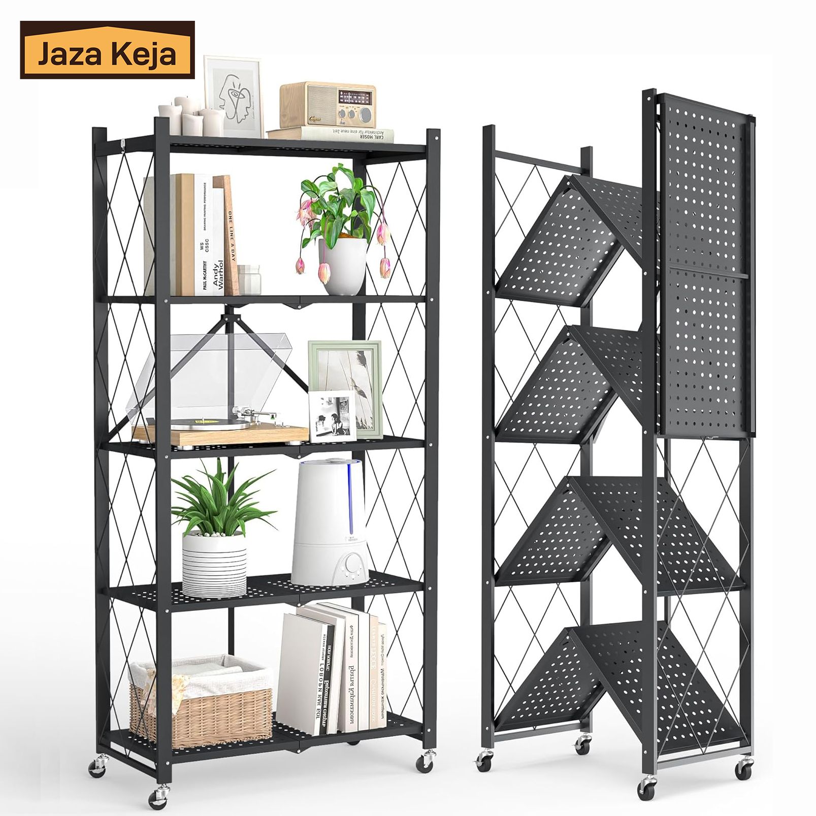 [New]Jaza Keja No Assembly 3 4 5 Tier Heavy-Duty Folding Shelf with Wheels Metal Steel Collapsible Portable Shelves Organizer Rack Rolling Standing Utility Rack for Kitchen Pantry Office Garage