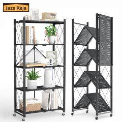 [New]Jaza Keja No Assembly 3 4 5 Tier Heavy-Duty Folding Shelf with Wheels Metal Steel Collapsible Portable Shelves Organizer Rack Rolling Standing Utility Rack for Kitchen Pantry Office Garage
