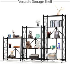 [New]Jaza Keja No Assembly 3 4 5 Tier Heavy-Duty Folding Shelf with Wheels Metal Steel Collapsible Portable Shelves Organizer Rack Rolling Standing Utility Rack for Kitchen Pantry Office Garage