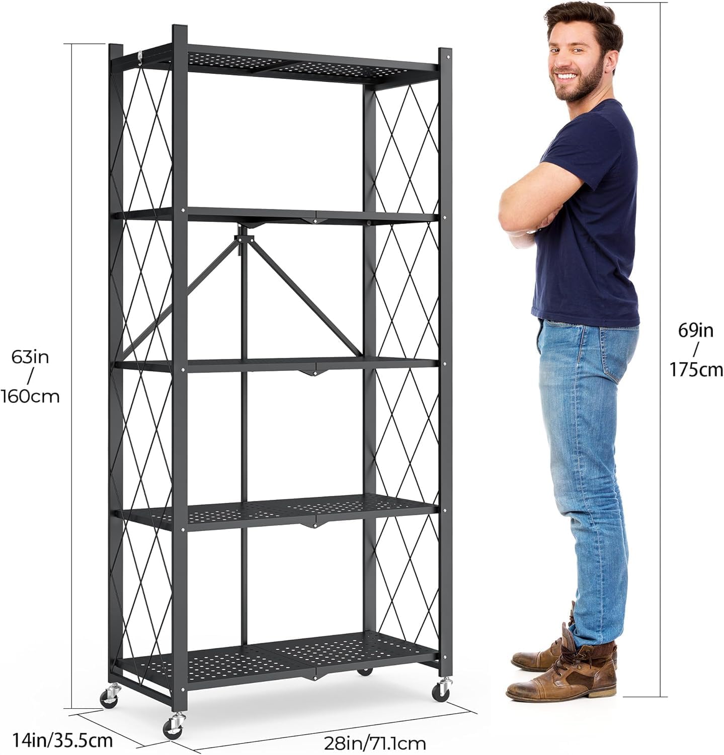 [New]Jaza Keja No Assembly 3 4 5 Tier Heavy-Duty Folding Shelf with Wheels Metal Steel Collapsible Portable Shelves Organizer Rack Rolling Standing Utility Rack for Kitchen Pantry Office Garage
