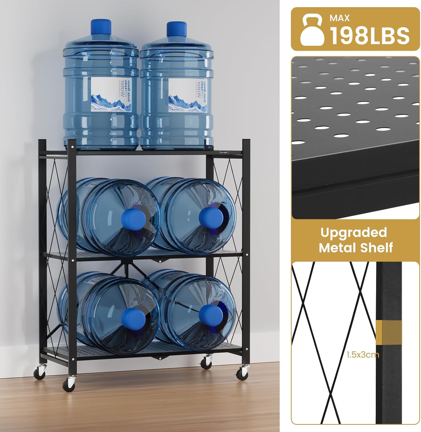 [New]Jaza Keja No Assembly 3 4 5 Tier Heavy-Duty Folding Shelf with Wheels Metal Steel Collapsible Portable Shelves Organizer Rack Rolling Standing Utility Rack for Kitchen Pantry Office Garage