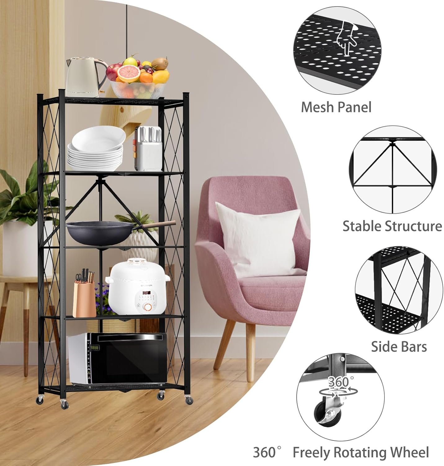 [New]Jaza Keja No Assembly 3 4 5 Tier Heavy-Duty Folding Shelf with Wheels Metal Steel Collapsible Portable Shelves Organizer Rack Rolling Standing Utility Rack for Kitchen Pantry Office Garage