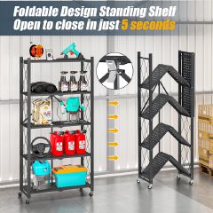 [New]Jaza Keja No Assembly 3 4 5 Tier Heavy-Duty Folding Shelf with Wheels Metal Steel Collapsible Portable Shelves Organizer Rack Rolling Standing Utility Rack for Kitchen Pantry Office Garage