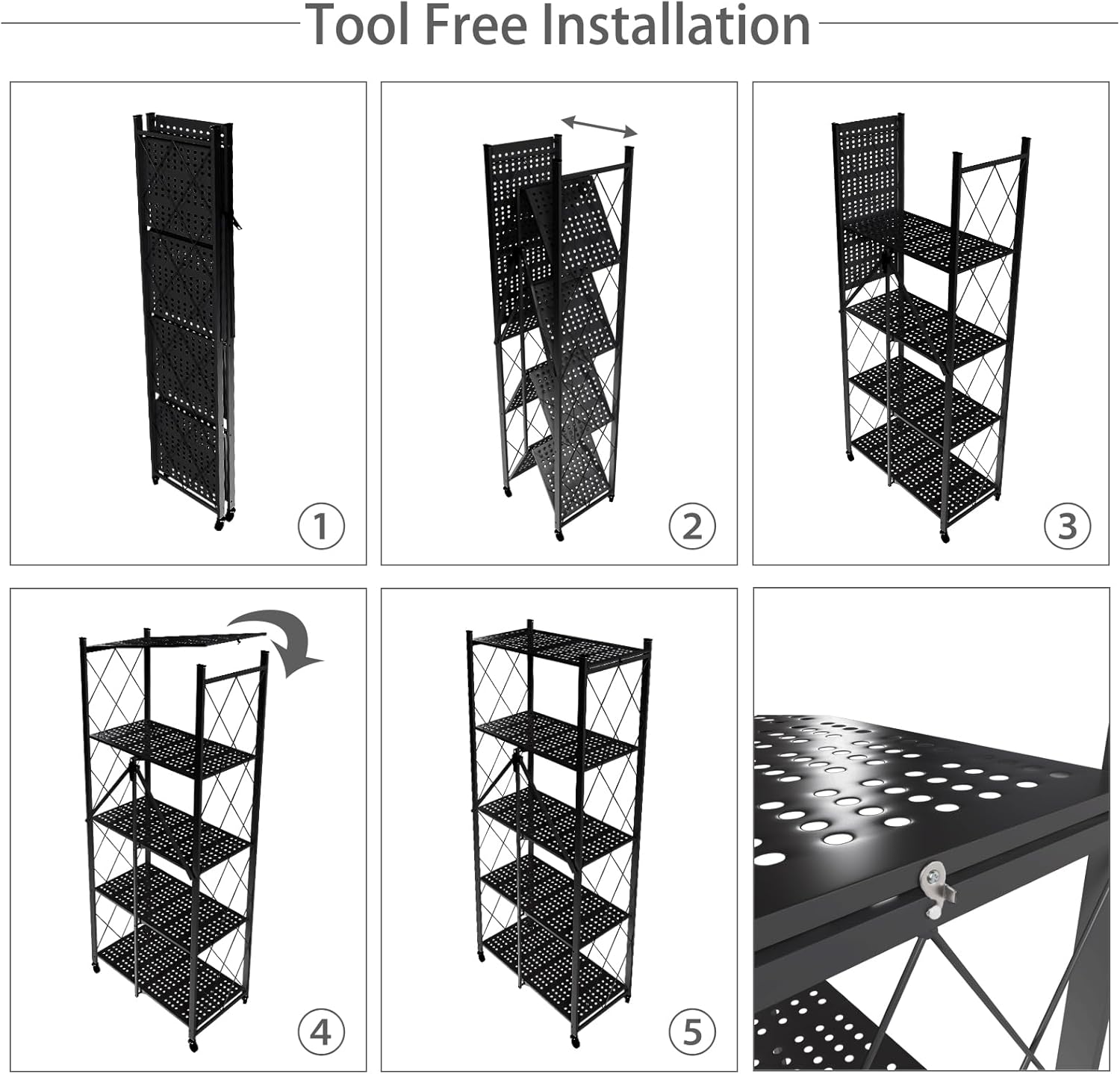 [New]Jaza Keja No Assembly 3 4 5 Tier Heavy-Duty Folding Shelf with Wheels Metal Steel Collapsible Portable Shelves Organizer Rack Rolling Standing Utility Rack for Kitchen Pantry Office Garage