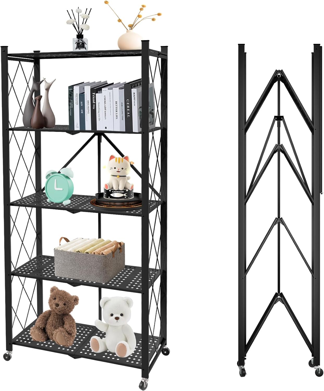 [New]Jaza Keja No Assembly 3 4 5 Tier Heavy-Duty Folding Shelf with Wheels Metal Steel Collapsible Portable Shelves Organizer Rack Rolling Standing Utility Rack for Kitchen Pantry Office Garage