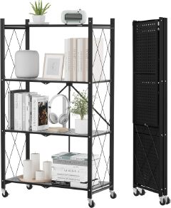 [New]Jaza Keja No Assembly 3 4 5 Tier Heavy-Duty Folding Shelf with Wheels Metal Steel Collapsible Portable Shelves Organizer Rack Rolling Standing Utility Rack for Kitchen Pantry Office Garage