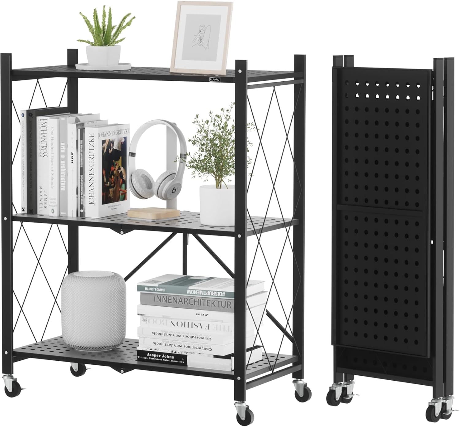 [New]Jaza Keja No Assembly 3 4 5 Tier Heavy-Duty Folding Shelf with Wheels Metal Steel Collapsible Portable Shelves Organizer Rack Rolling Standing Utility Rack for Kitchen Pantry Office Garage