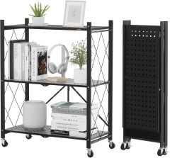 [New]Jaza Keja No Assembly 3 4 5 Tier Heavy-Duty Folding Shelf with Wheels Metal Steel Collapsible Portable Shelves Organizer Rack Rolling Standing Utility Rack for Kitchen Pantry Office Garage