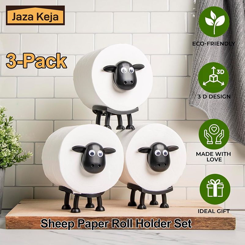 [New]Jaza Keja 3pcs Sheep Toilet Roll Holder Free Standing Bathroom Set Funny Hilarious Black Sheep Loo Roll Holder Tissue Paper Storage Cute Bathroom Decor