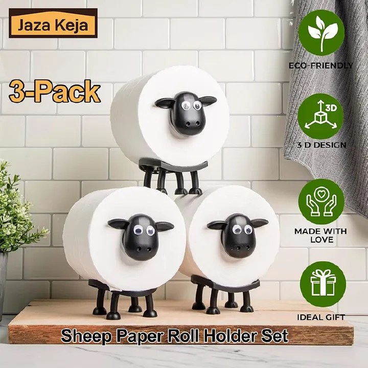 [New]Jaza Keja 3pcs Sheep Toilet Roll Holder Free Standing Bathroom Set Funny Hilarious Black Sheep Loo Roll Holder Tissue Paper Storage Cute Bathroom Decor