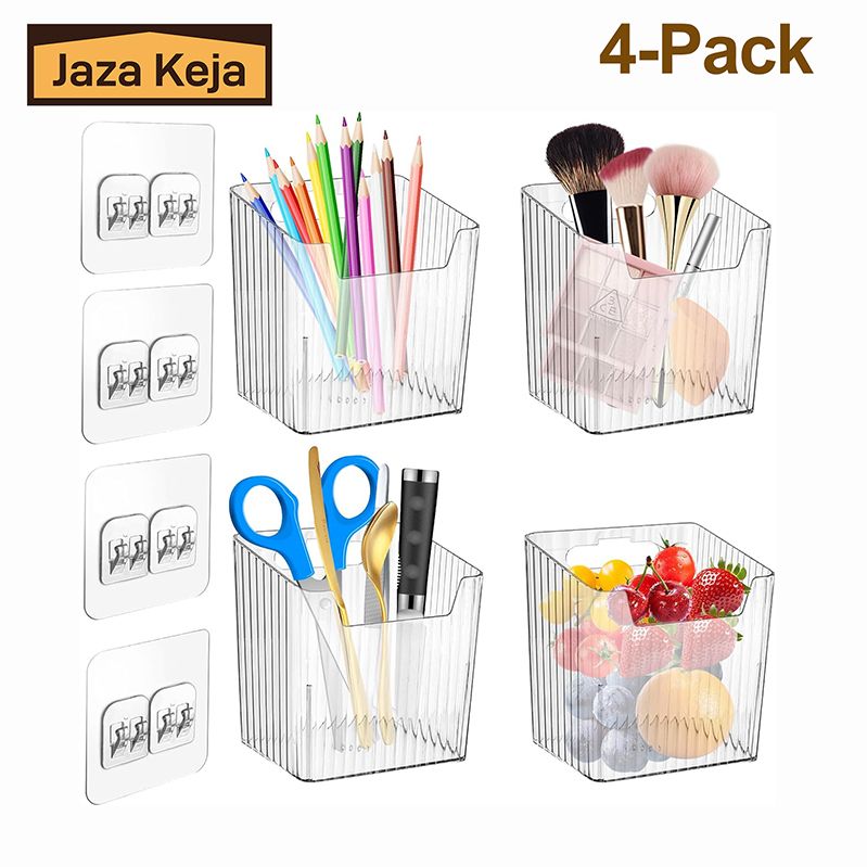 [New]Jaza Keja 4 Pack PET Storage Bins Wall Mounted Floating Shelves Fridge Organizer Stackable Clear Plastic Storage Bins for Wall, Refrigerator, Kitchen, Bathroom, Countertops, Pantry, BPA Free