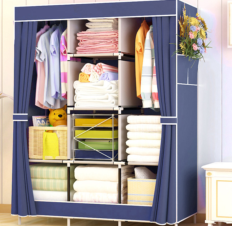 Jaza Keja 3 Columns 130cm Assemble Closets Portable Metallic Portable Cloth Wardrobe with T-shaped Zipper & Velcro