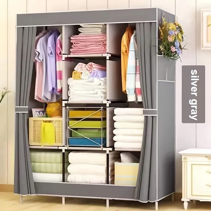 Jaza Keja 3 Columns 130cm Assemble Closets Portable Metallic Portable Cloth Wardrobe with T-shaped Zipper & Velcro