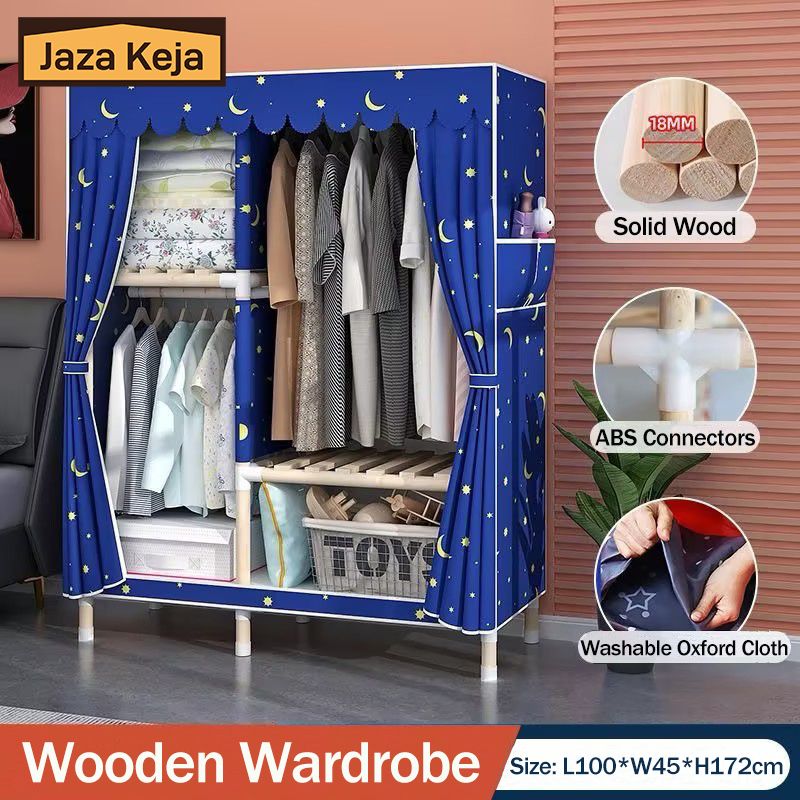 Jaza Keja 100cm Wide Portable Wooden Wardrobe Oxford Cloth Large Storage Cabinets Wardrobe Closet