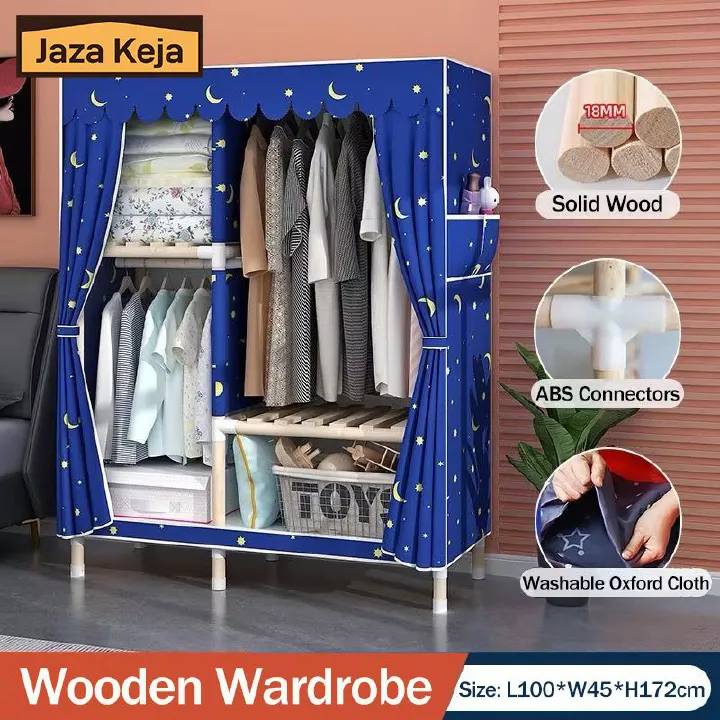 Jaza Keja 100cm Wide Portable Wooden Wardrobe Oxford Cloth Large Storage Cabinets Wardrobe Closet