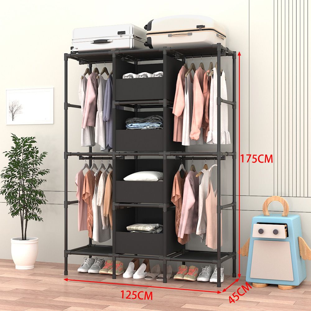 [New]Jaza Keja 16mm 3 Columns Premium Portable Closet Heavy Duty Large Capacity Wardrobe Closet Sturdy Stable Clothes Rack with Shelves 4 Storage Baskets 2 Hanging Rods for Bedroom Cloakroom