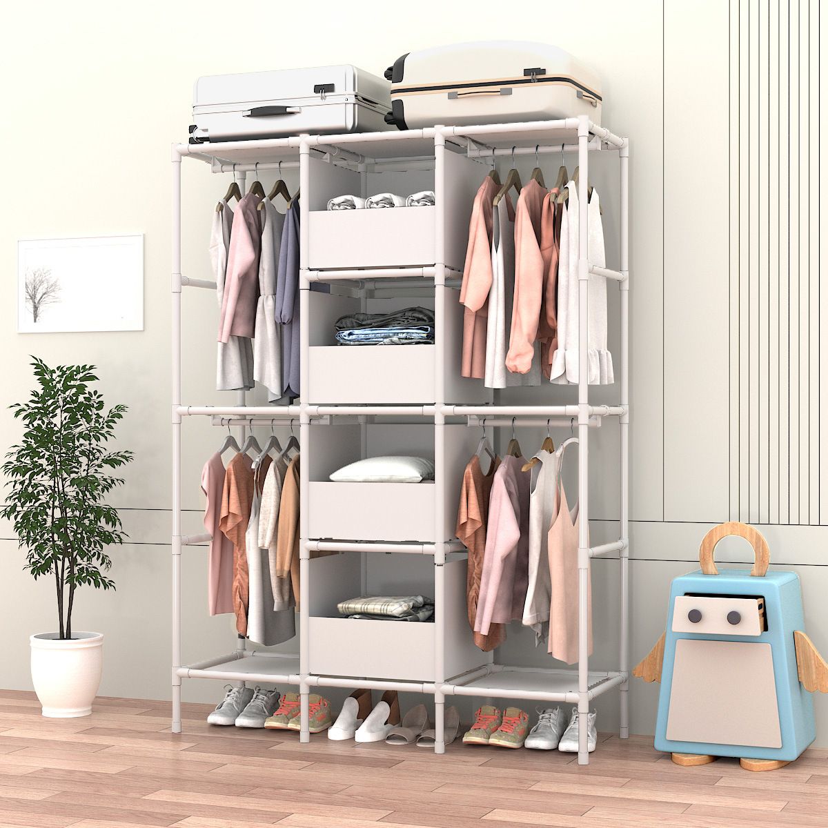 [New]Jaza Keja 16mm 3 Columns Premium Portable Closet Heavy Duty Large Capacity Wardrobe Closet Sturdy Stable Clothes Rack with Shelves 4 Storage Baskets 2 Hanging Rods for Bedroom Cloakroom