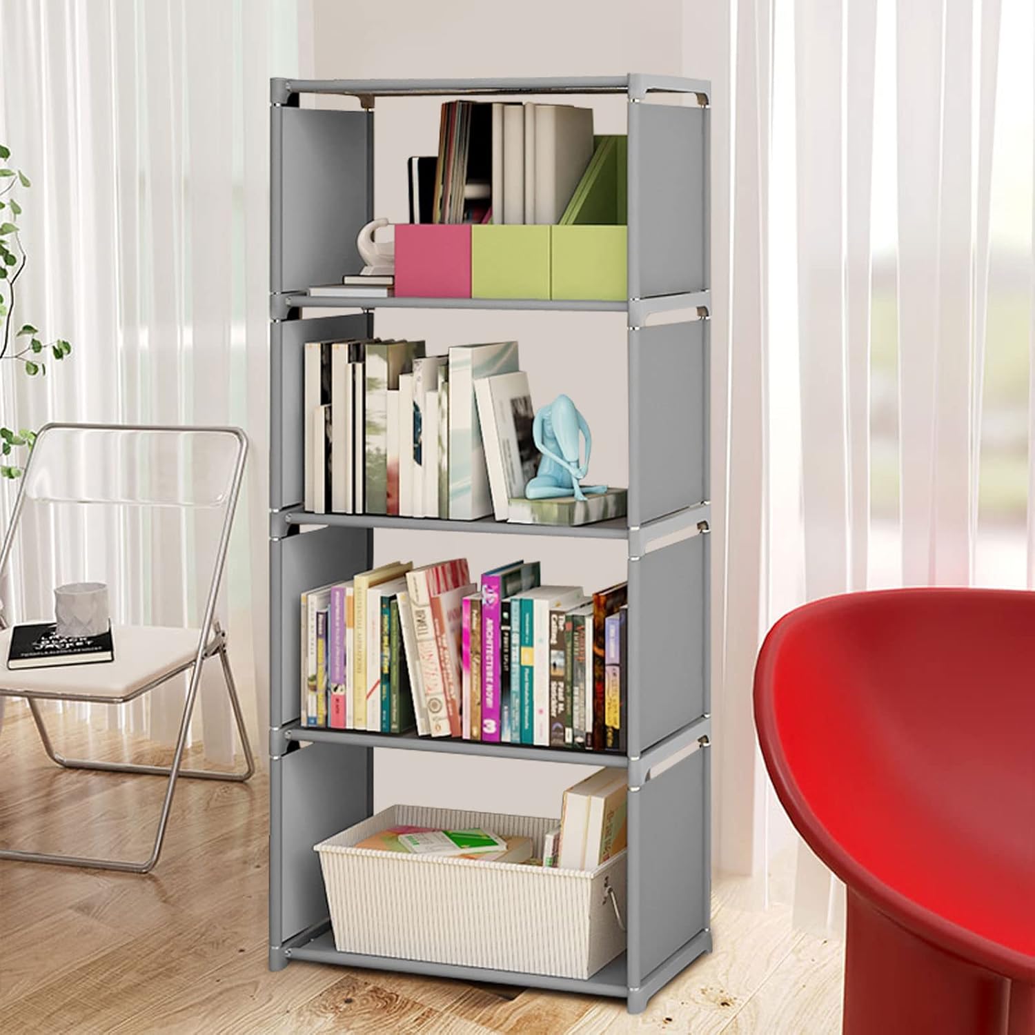 [New]Jaza Keja 4 Cube Multifunctional Combination Metallic Storage Rack Book Shelf Clothes Wardrobe Bookshelf Closet Toys Shoes Rack for Bedroom Closet Small Spaces