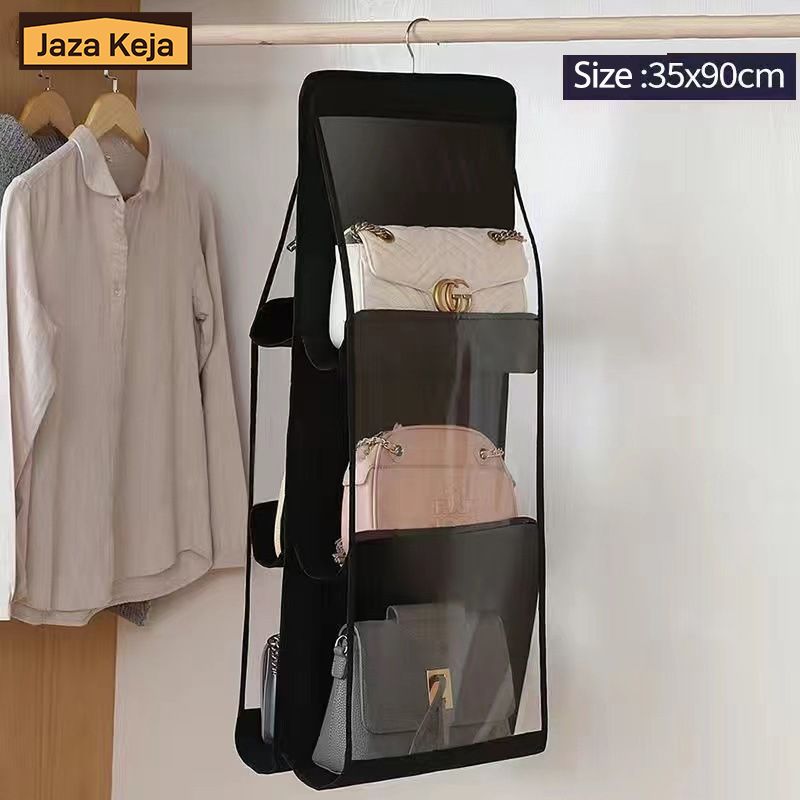 Jaza Keja 6 Pocket Hanging Handbag Organizer For Wardrobe Closet Gray Waterproof Storage Bag Door Wall Clear Sundry Bag With Hanger Pouch