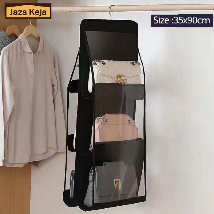 Jaza Keja 6 Pocket Hanging Handbag Organizer For Wardrobe Closet Gray Waterproof Storage Bag Door Wall Clear Sundry Bag With Hanger Pouch