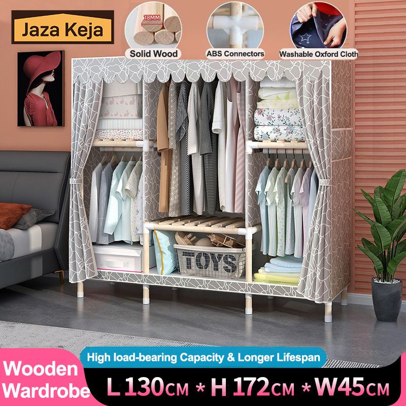 Jaza Keja 130cm Wide Portable Wooden Premium Wardrobe Oxford Cloth Large Storage Cabinets Closet Gray Wardrobe Clothes Storage Organizer for Extra Sturdy