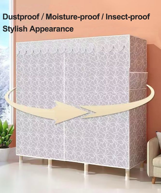 Jaza Keja 130cm Wide Portable Wooden Wardrobe Oxford Cloth Large Storage Cabinets Closet Gray Wardrobe Clothes Storage Organizer for Extra Sturdy